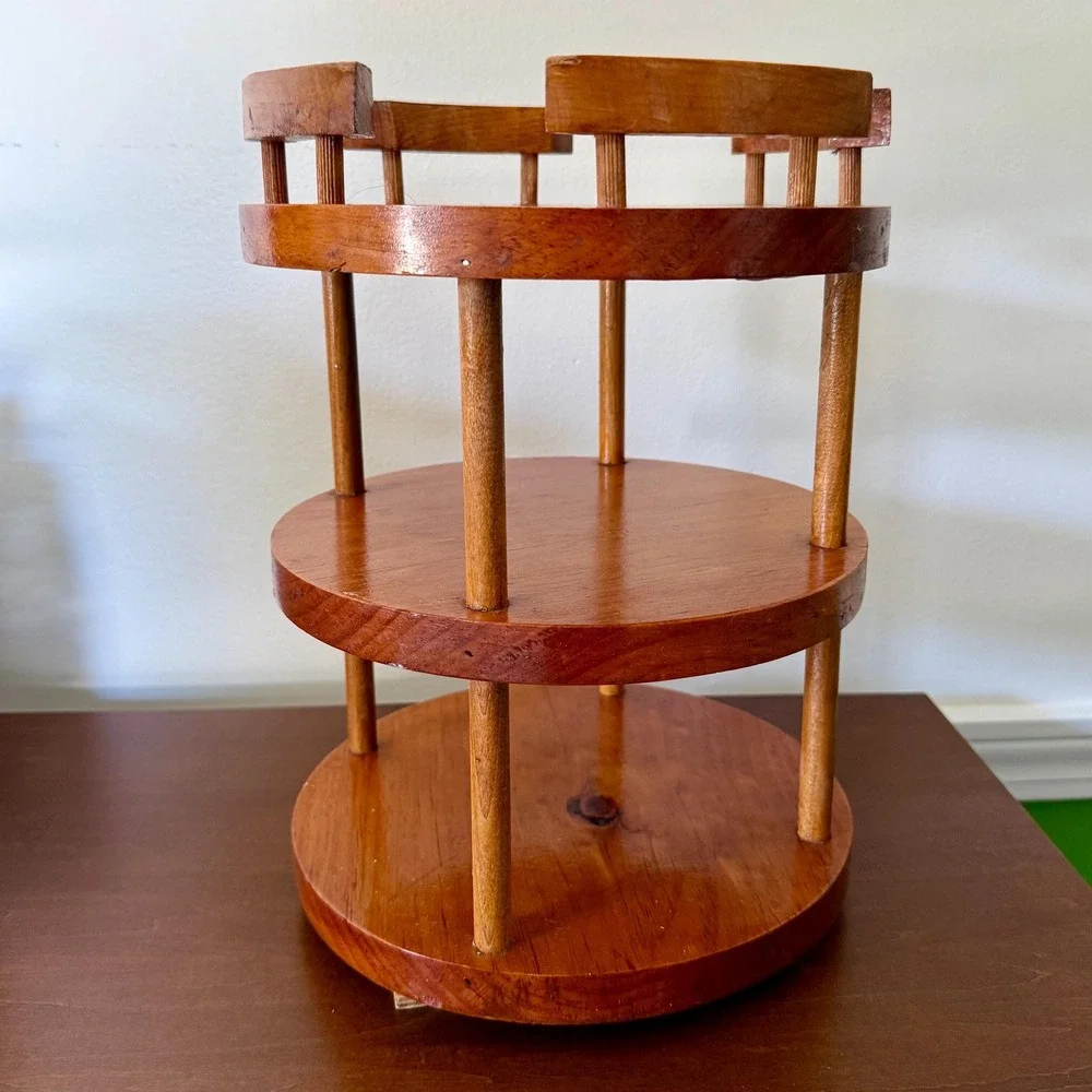 Vintage MCM Wooden Lazy Susan Turntable Kitchen Organizer with Rails 12.5